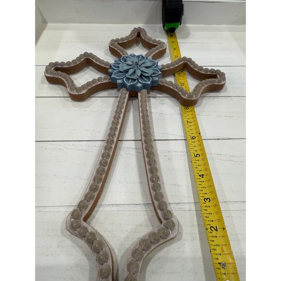 Farmhouse Cottagecore Wall Cross with Blue Flower  Christian Faith Decor 16” - Picture 4 of 8